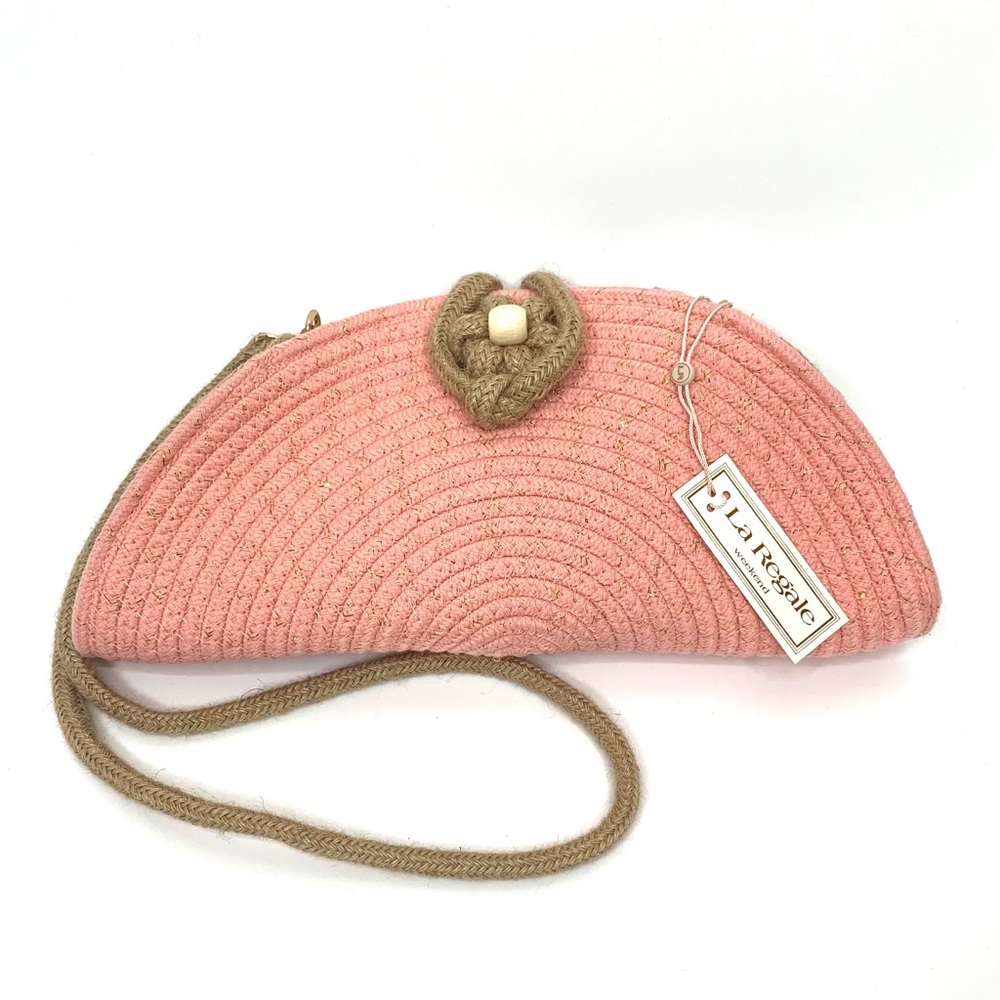 Le Regale Boho Beach Pink Woven Jute Half Circle Crossbody Purse Vacation Bag